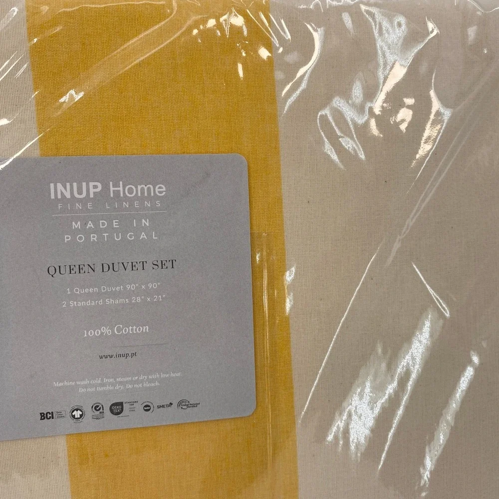 INUP Home Duvet Set Queen Yellow White Cotton Striped Portugal Bedding Bright